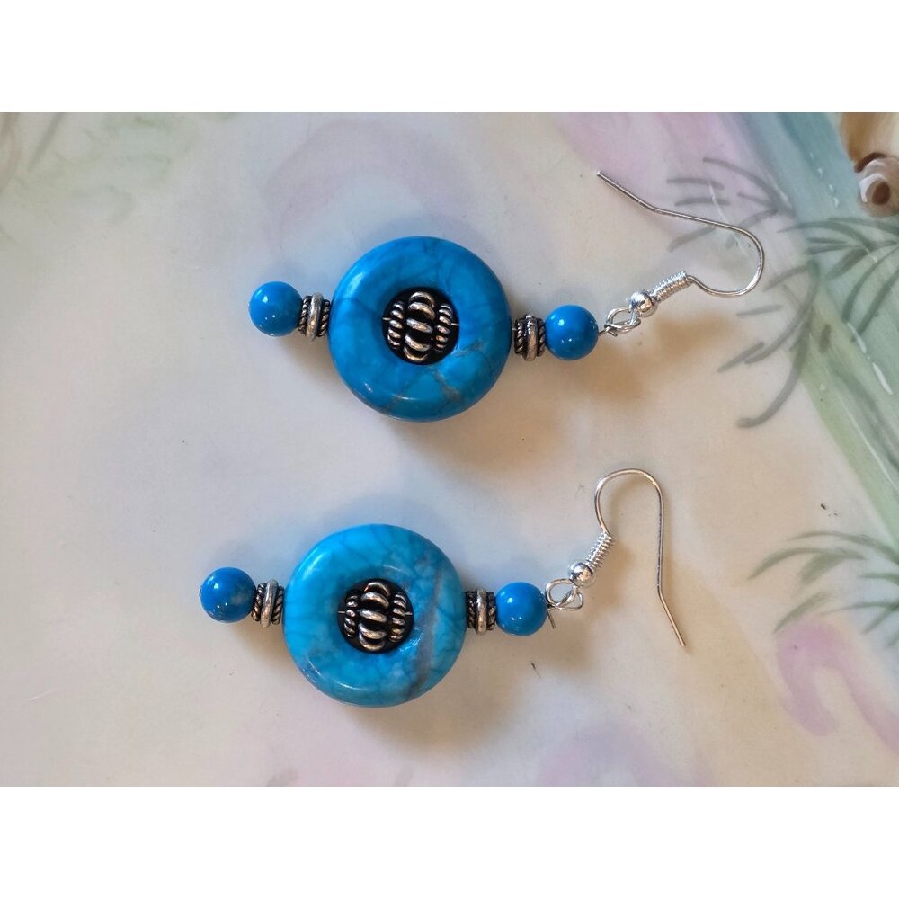 Howlite Sleeping Beauty Sky‎ Blue & Silver Beaded Dangle Earrings With Hook Back